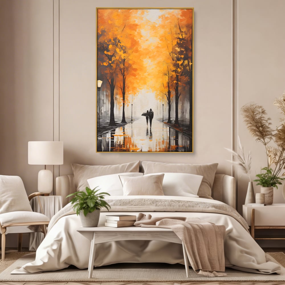 Tablou canvas cu tablou canvas cuplu sub umbrela, in rama de aluminiu auriu, pe perete intr-un dormitor